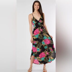 Billabong Like Minded Curve Hem Maxi Dress Black with Pink and Teal Flowers NWT
